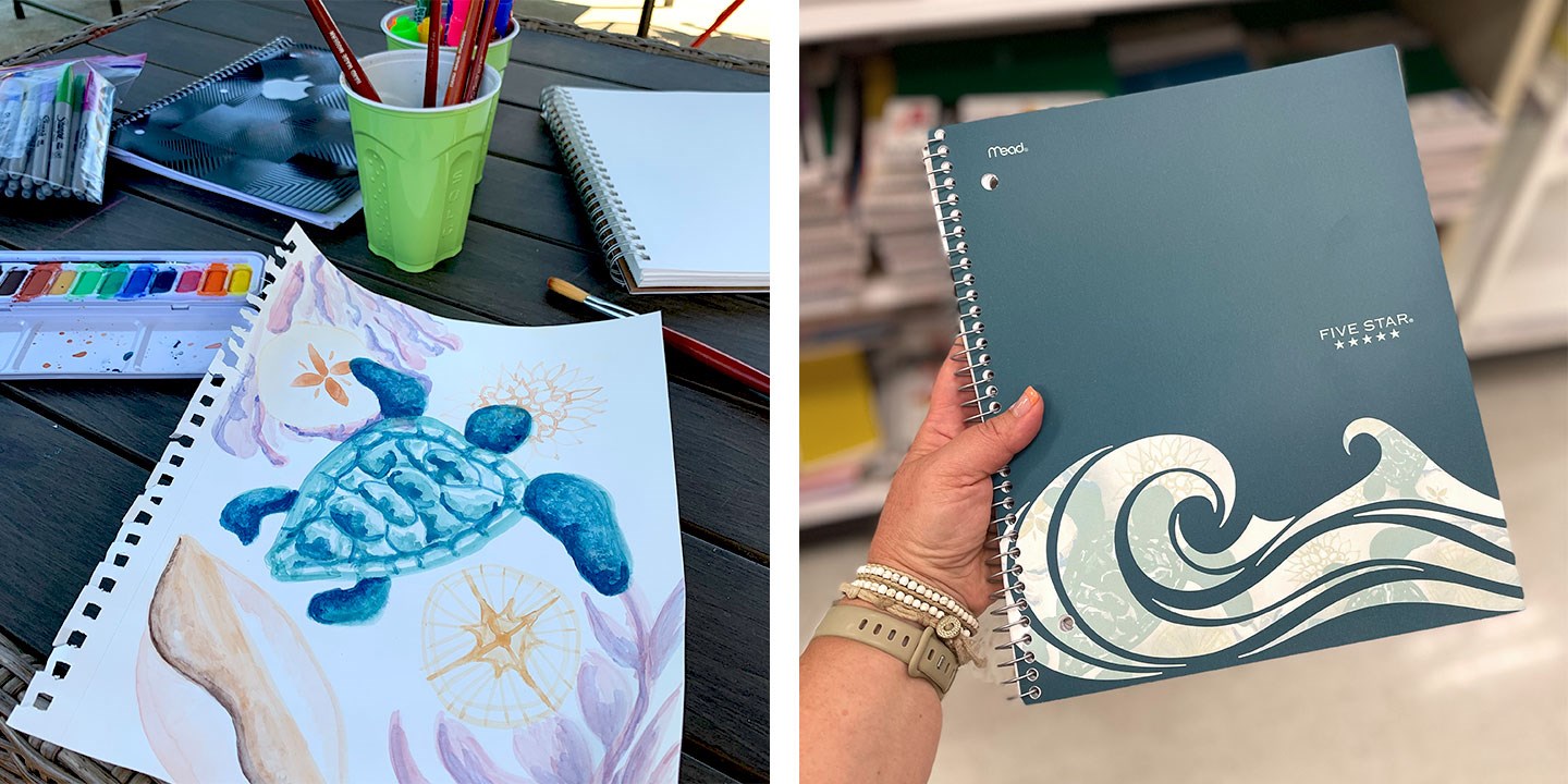Turtle ocean watercolor artwork by Tara next to Five Star notebook with inspired ocean design